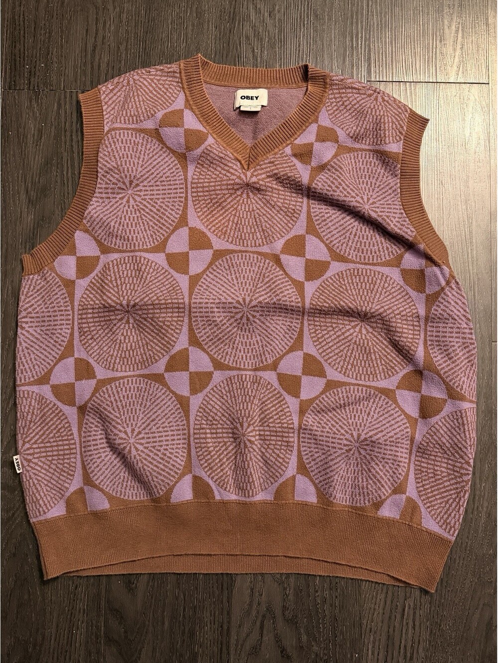 OBEY Dazed Geometric Knit Sweater Vest Sepia Multi Men's Size Large